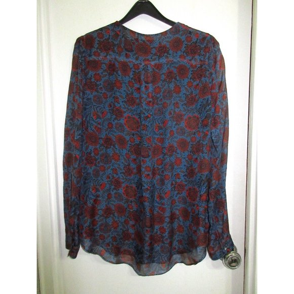 Hanley Mellon 100% Silk 8 Blouse Blue Floral Boho Semi Sheer M Shirt Tunic Mint! - Picture 9 of 10